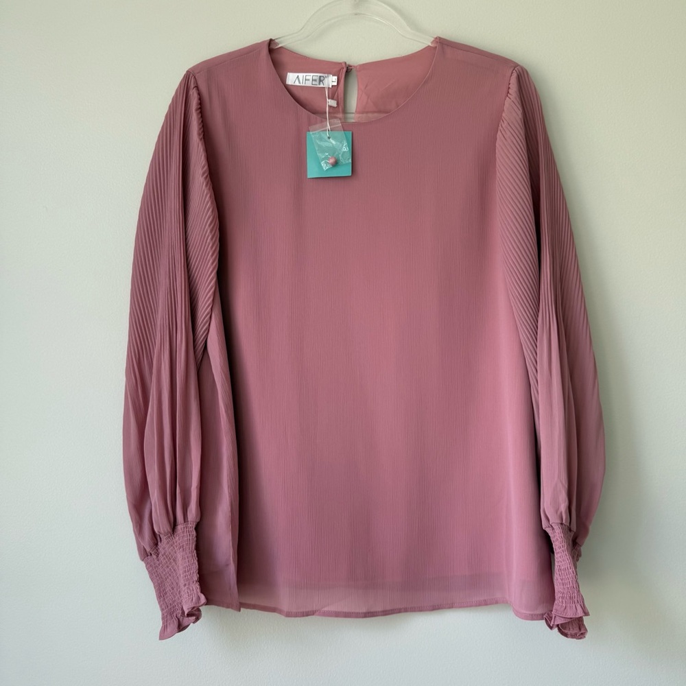 Pink Puff Sleeve Blouse with‎ Relaxed Fit Sz L NWT
